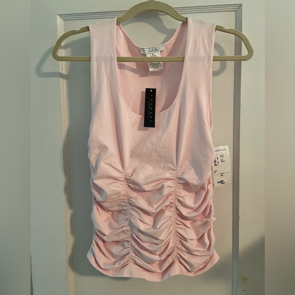 NWT LAUNDRY by Shelli Segal, light pink, stretchy, sleeveless ruched top sz M/L.
